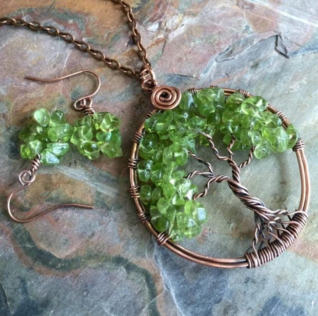 Peridot Tree of Life Necklace and Earring SET, August Birthstone Necklace & Earring SET, August Birthday Jewelry Gifts for Women,