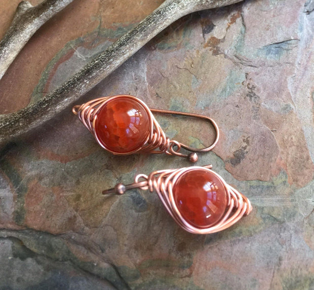 Wire Wrapped Fire Agate Earrings, Orange Fire Agate Gemstone Earrings, Agate Herringbone Earrings in Copper, Fire Agate Copper Earrings,