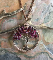 Garnet Necklace,Garnet tree of Life Necklace Antiqued Copper, Wire Wrapped   RHODOLITE GARNET Tree of Life, January Birthstone Tree of Life