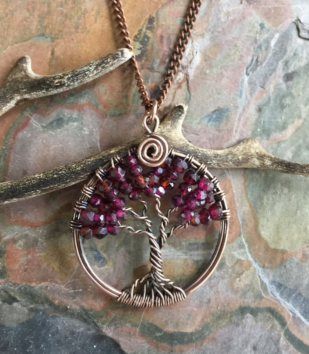 Garnet Necklace,Garnet tree of Life Necklace Antiqued Copper, Wire Wrapped   RHODOLITE GARNET Tree of Life, January Birthstone Tree of Life