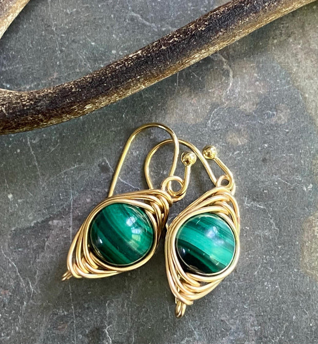 May Birthstone Malachite Earrings in Gold, Hand Wire Wrapped Malachite Dangling Earrings in Natural Copper, Green Malachite Gold Jewelry,