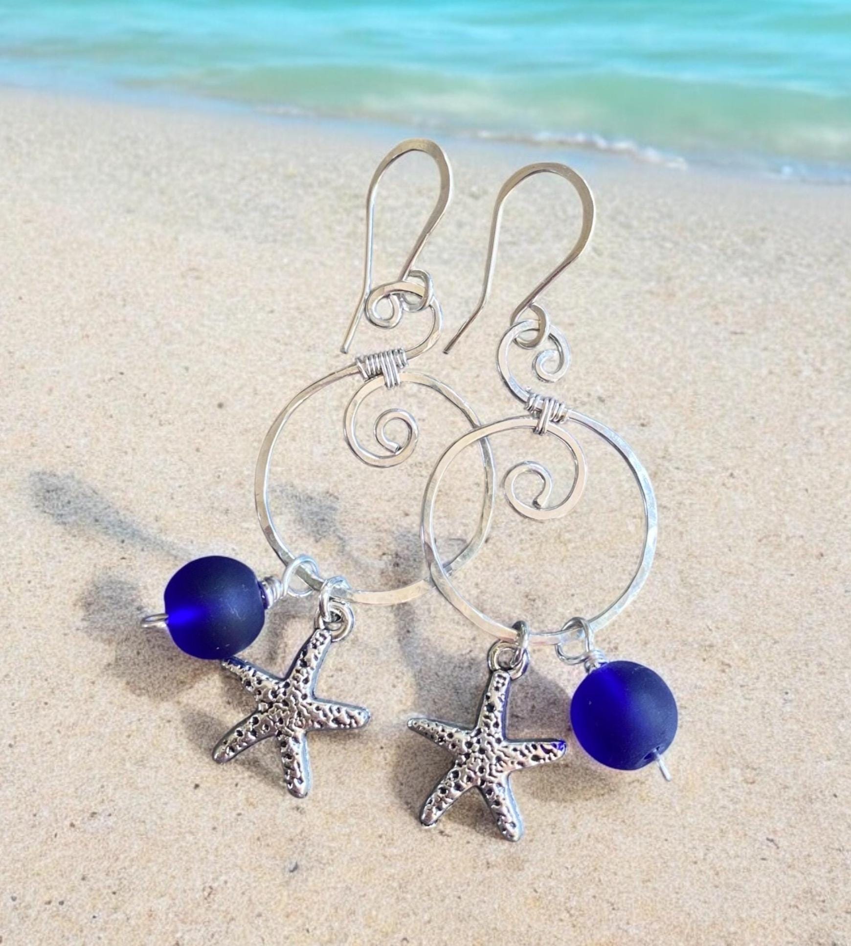 Blue Sea Glass Starfish Silver Charm Dangling Earrings, Spiral Design Sea Glass Nautical Design Earrings, Coastal Ocean Theme Earrings