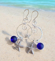 Blue Sea Glass Starfish Silver Charm Dangling Earrings, Spiral Design Sea Glass Nautical Design Earrings, Coastal Ocean Theme Earrings