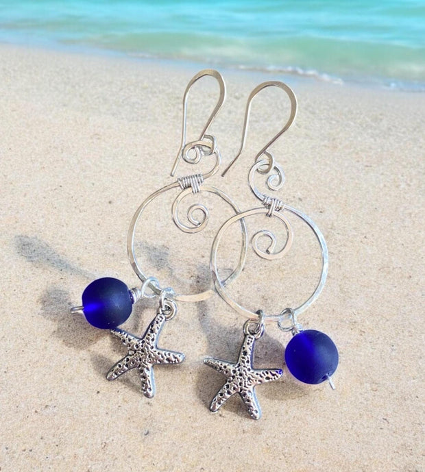 Blue Sea Glass Starfish Silver Charm Dangling Earrings, Spiral Design Sea Glass Nautical Design Earrings, Coastal Ocean Theme Earrings
