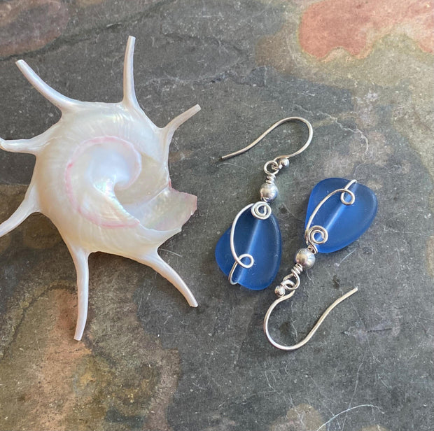 Sea Glass Earrings, Wire Wrapped Light Blue Sea Glass Earrings in STERLING SILVER, Beach Glass Jewelry, Sea glass Dangling Earrings,