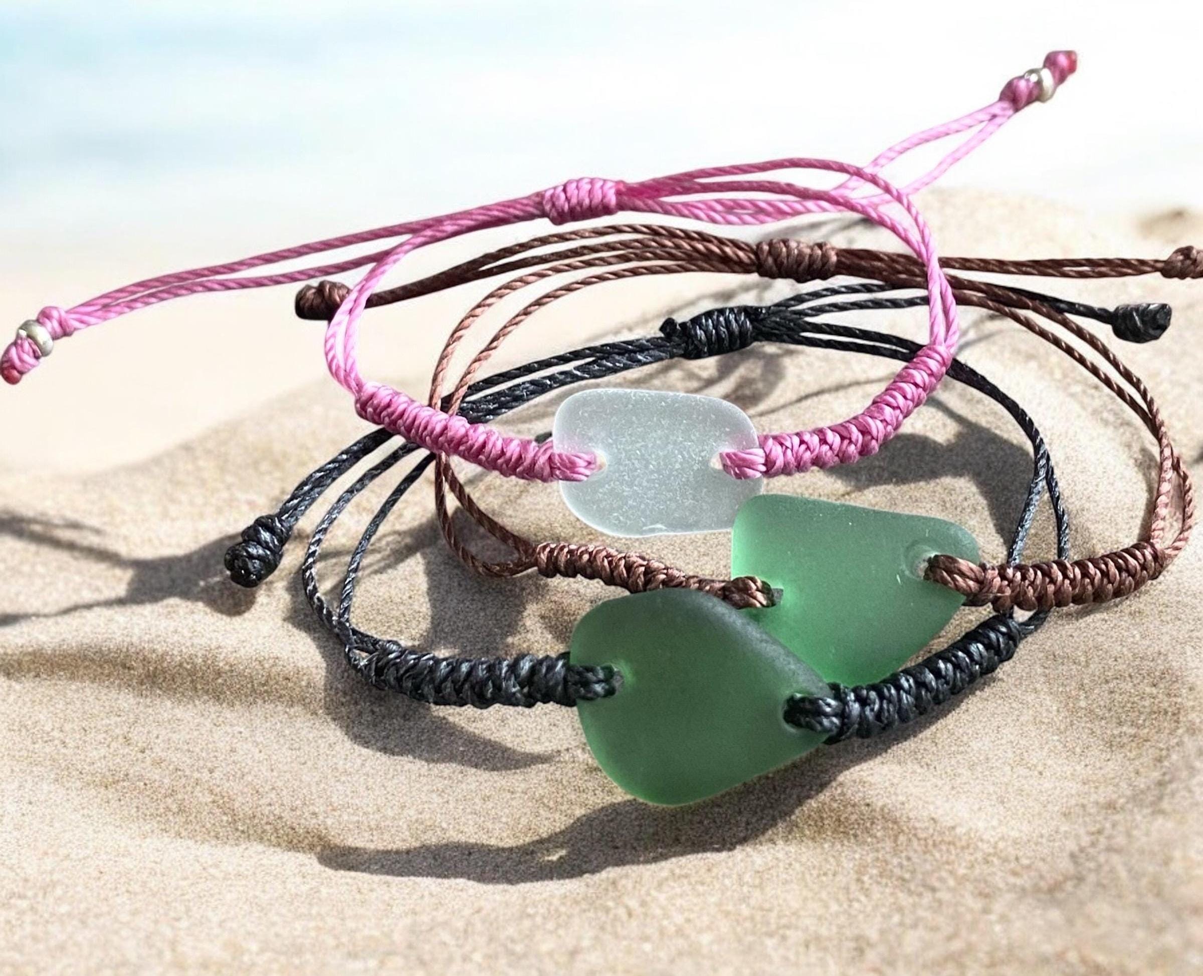 Handmade Macrame Sea Glass Bracelet, Hunter Green Sea Glass Bracelet, Adjustable Sea Glass Macrame Bracelets, Surfer's Sea Glass Bracelet
