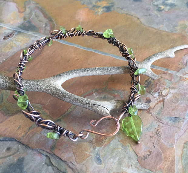 Wire Wrapped Antiqued Copper Bracelet,Adjustable Peridot Bangle/Cuff Leaf bracelet