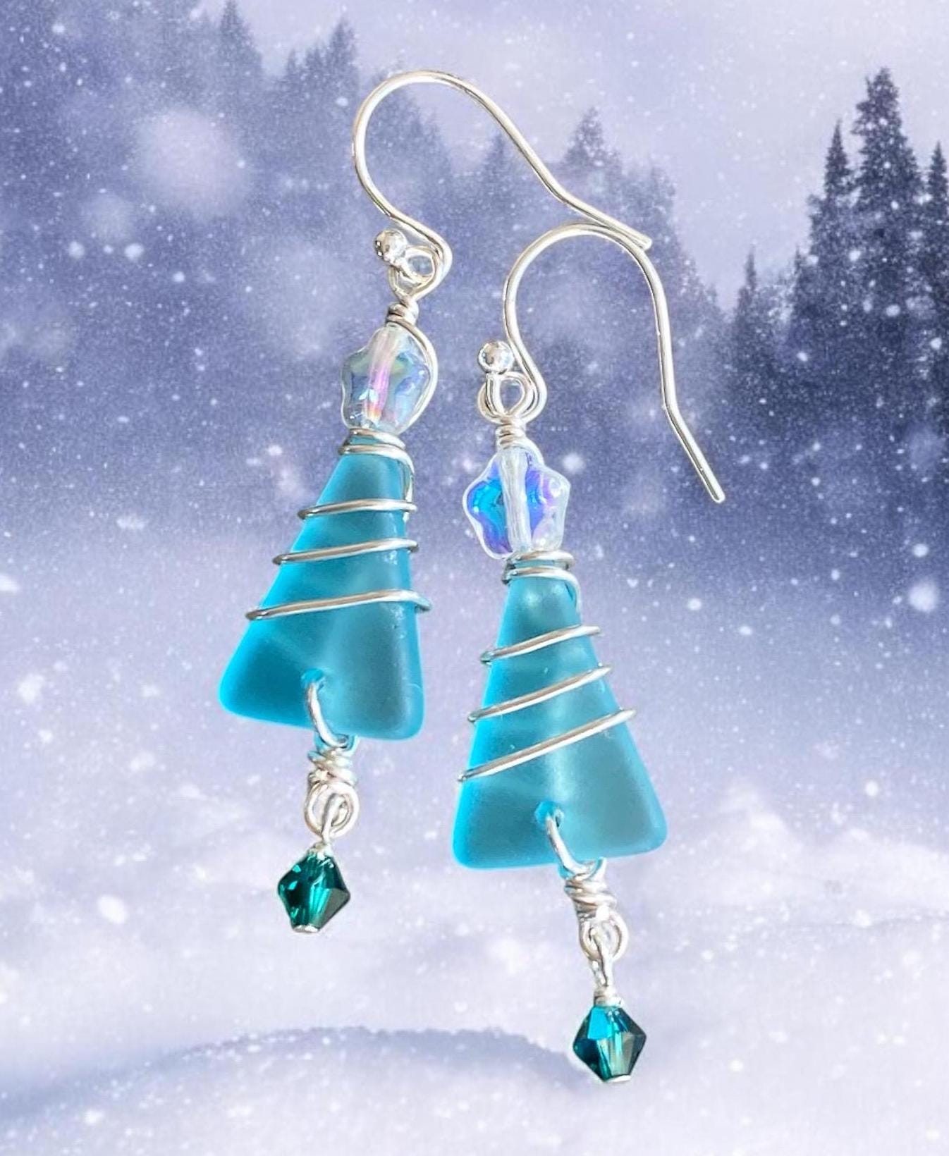 Christmas Tree Earrings, Ready Ship in ONE day, Sea Glass dangling Earrings, Beach Glass Christmas Tree Earrings, Holiday Gifts for Her,