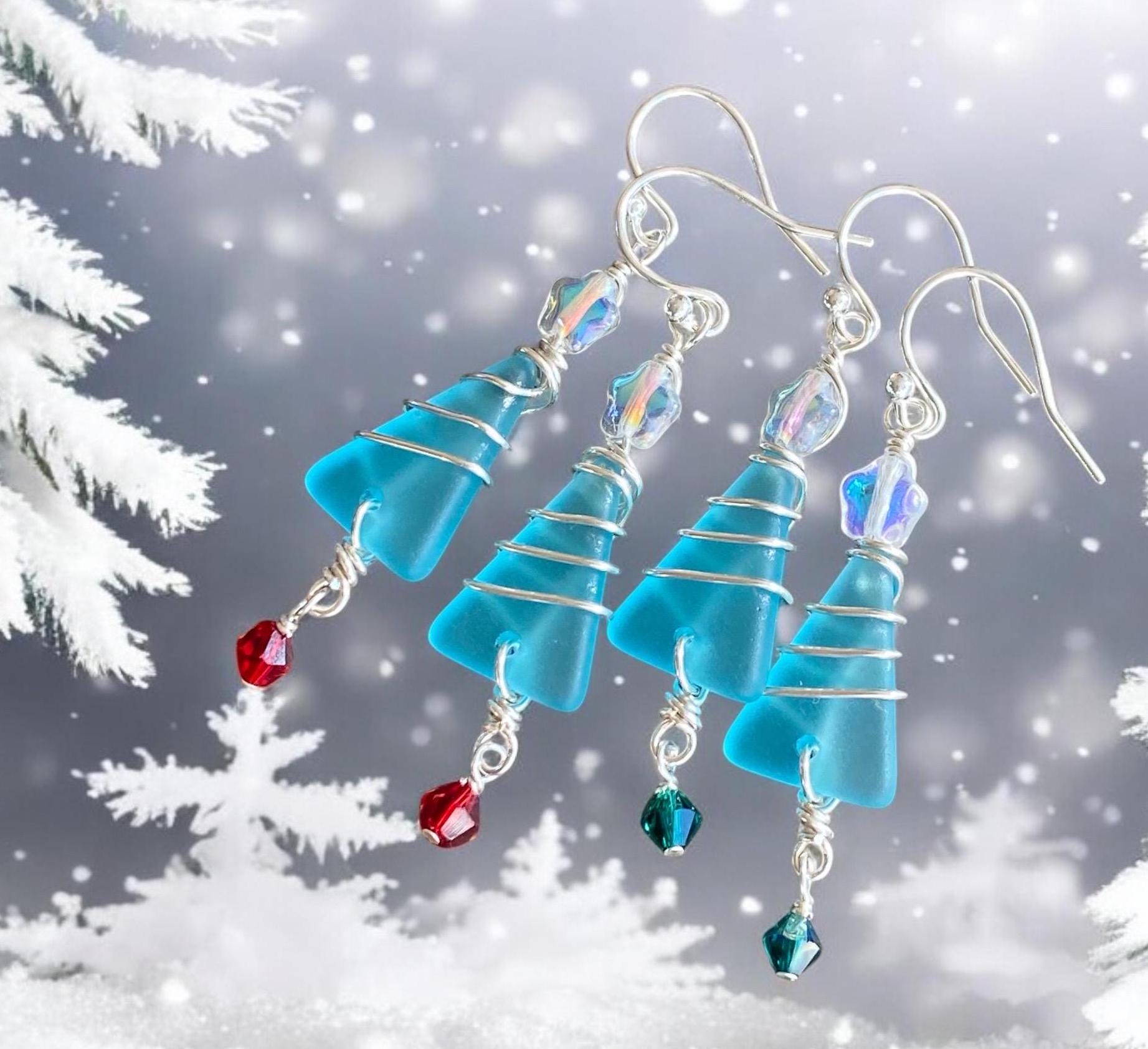 Christmas Tree Earrings, Ready Ship in ONE day, Sea Glass dangling Earrings, Beach Glass Christmas Tree Earrings, Holiday Gifts for Her,