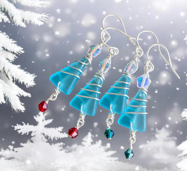 Christmas Tree Earrings, Ready Ship in ONE day, Sea Glass dangling Earrings, Beach Glass Christmas Tree Earrings, Holiday Gifts for Her,