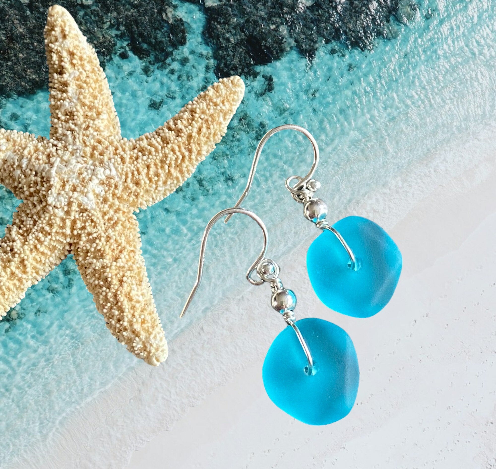 Turquoise Blue Beach Glass Jewelry, Blue Sea Glass  Necklace and Earrings in Sterling Silver, Sea Glass Necklace,  Sea Glass Jewelry SET,