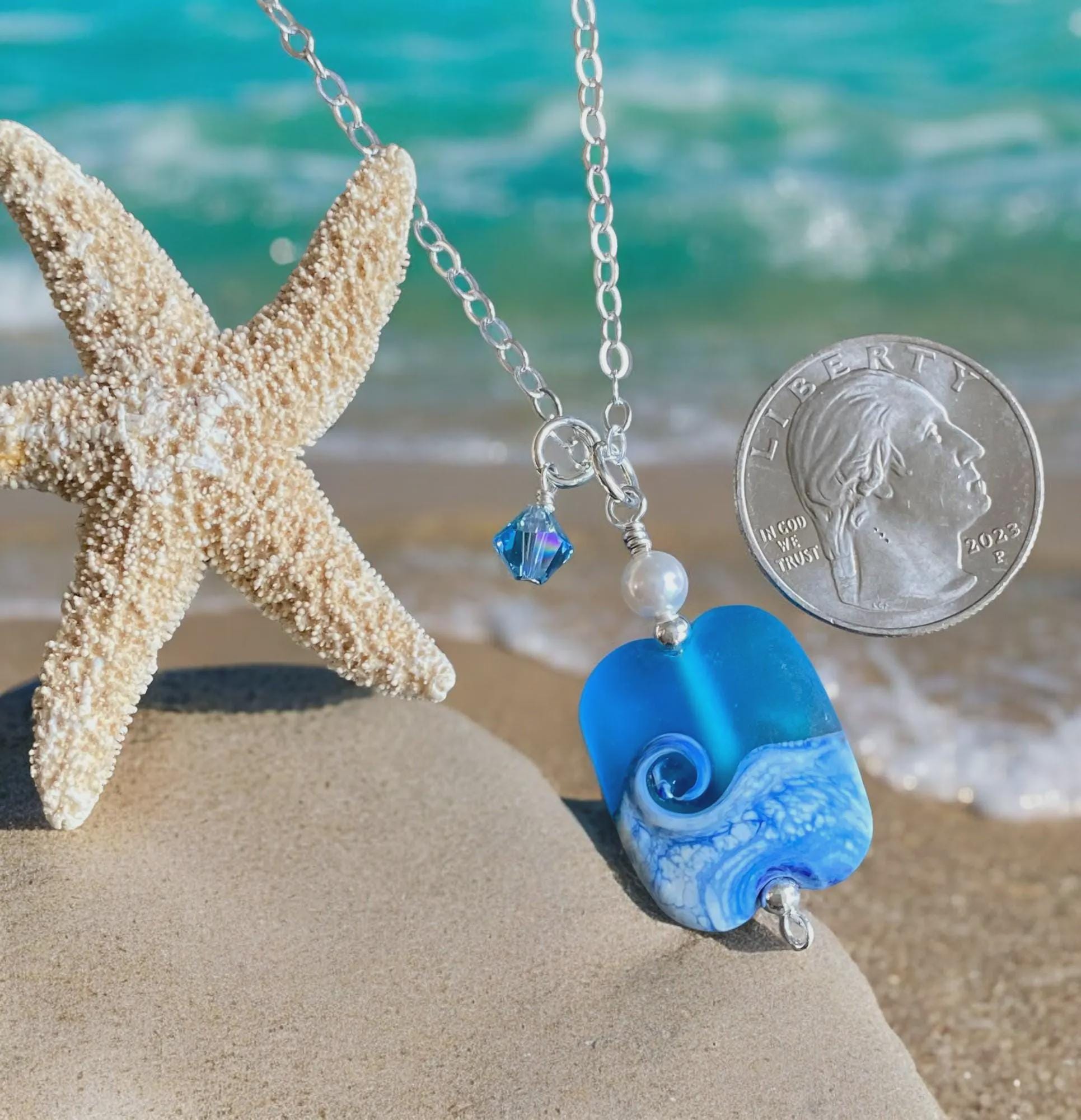Sterling Silver Ocean Wave Necklace, Lampwork Glass Ocean Wave Necklace, Blue Beach Wave Necklace, Beach Wave Jewelry , Nautical Jewelry