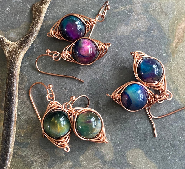 Tiger Eye Earrings, Wire Wrapped Cat Eye Aurora Tiger Eye Dangle Earrings, Gemstone Earrings, Orange Fire Agate Gemstone Earrings,
