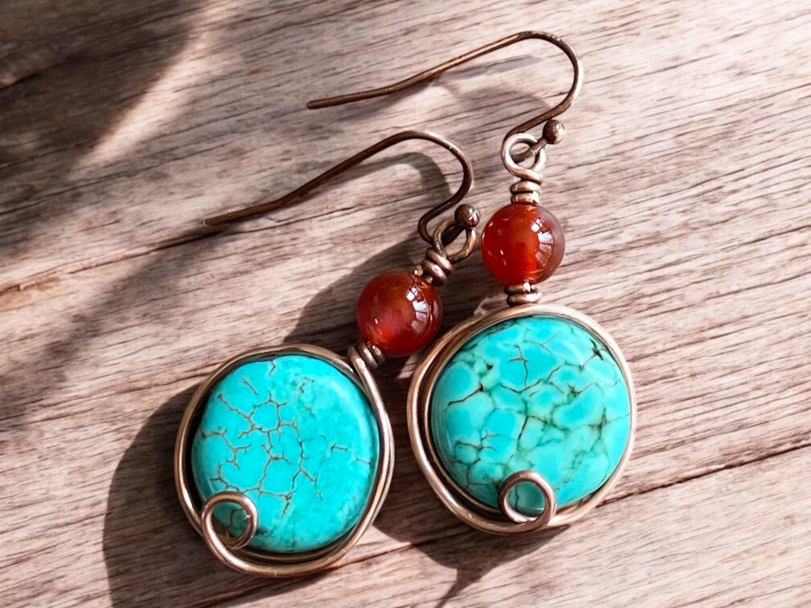 Turquoise Carnelian Earrings in Copper, Wire Wrapped Howlite Turquoise  Dangle Earrings,   Rustic Jewelry, Handmade Jewelry, Gifts for Women