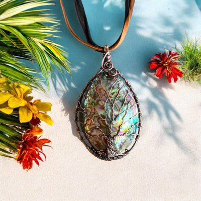 Wire Wrapped Rainbow Abalone Necklace in Antiqued Copper WHOLE PIECE, Abalone Shell Pendant, Abalone Shell Tree of Life Copper Necklace,