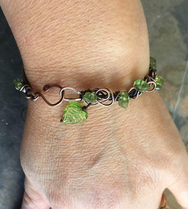 Wire Wrapped Antiqued Copper Bracelet,Adjustable Peridot Bangle/Cuff Leaf bracelet