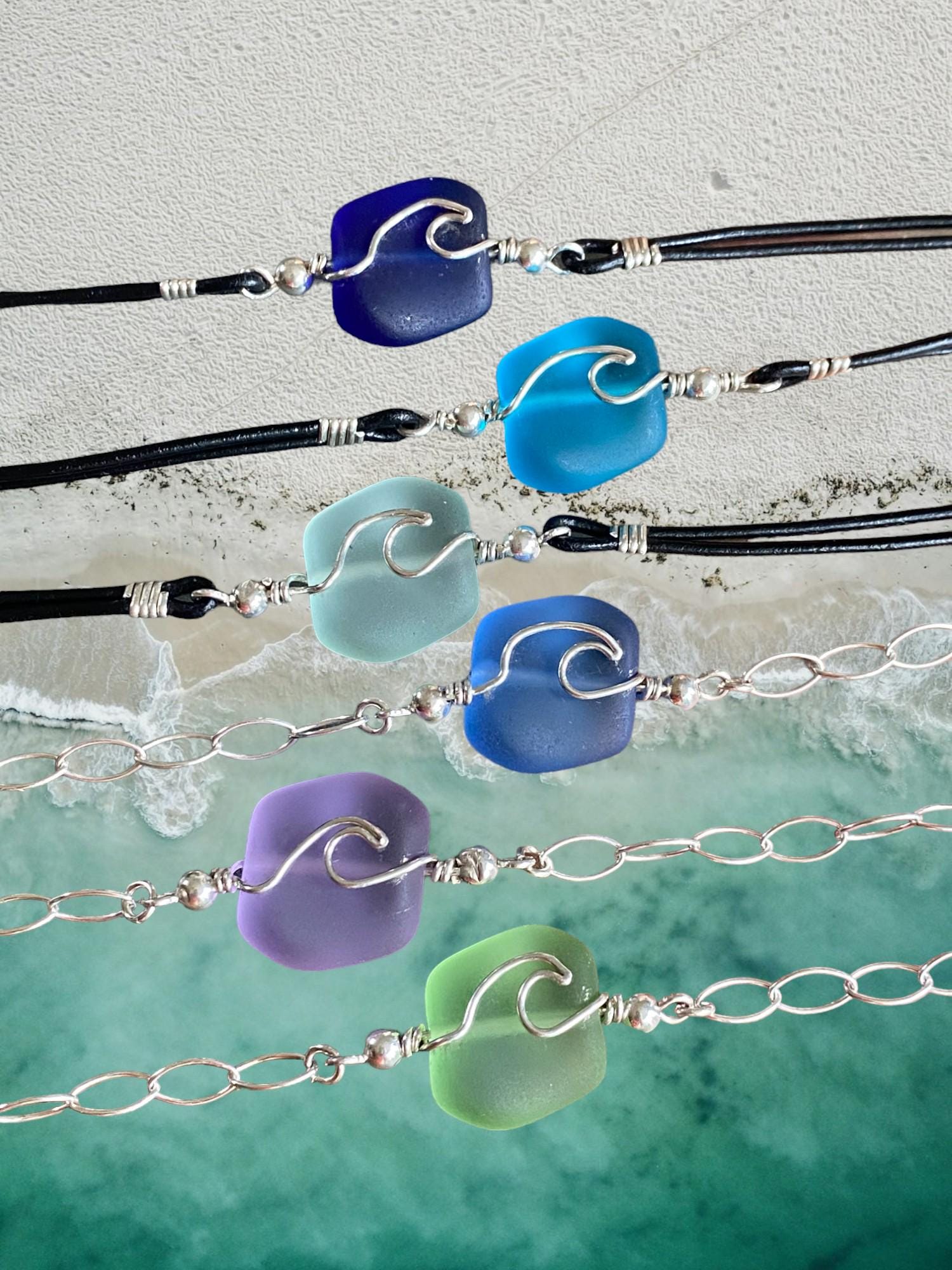 Sterling Silver & Leather Sea Glass Bracelet, Beach Glass Ocean Wave Bracelet, Ocean Wave Bracelet ,Beach Jewelry, Nautical Bracelet,