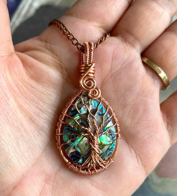 Abalone Tree of Life Copper wire Pendant, Wire Wrapped Abalone Paua Tree of Life Pendant Necklace, Tree of Life Pendant