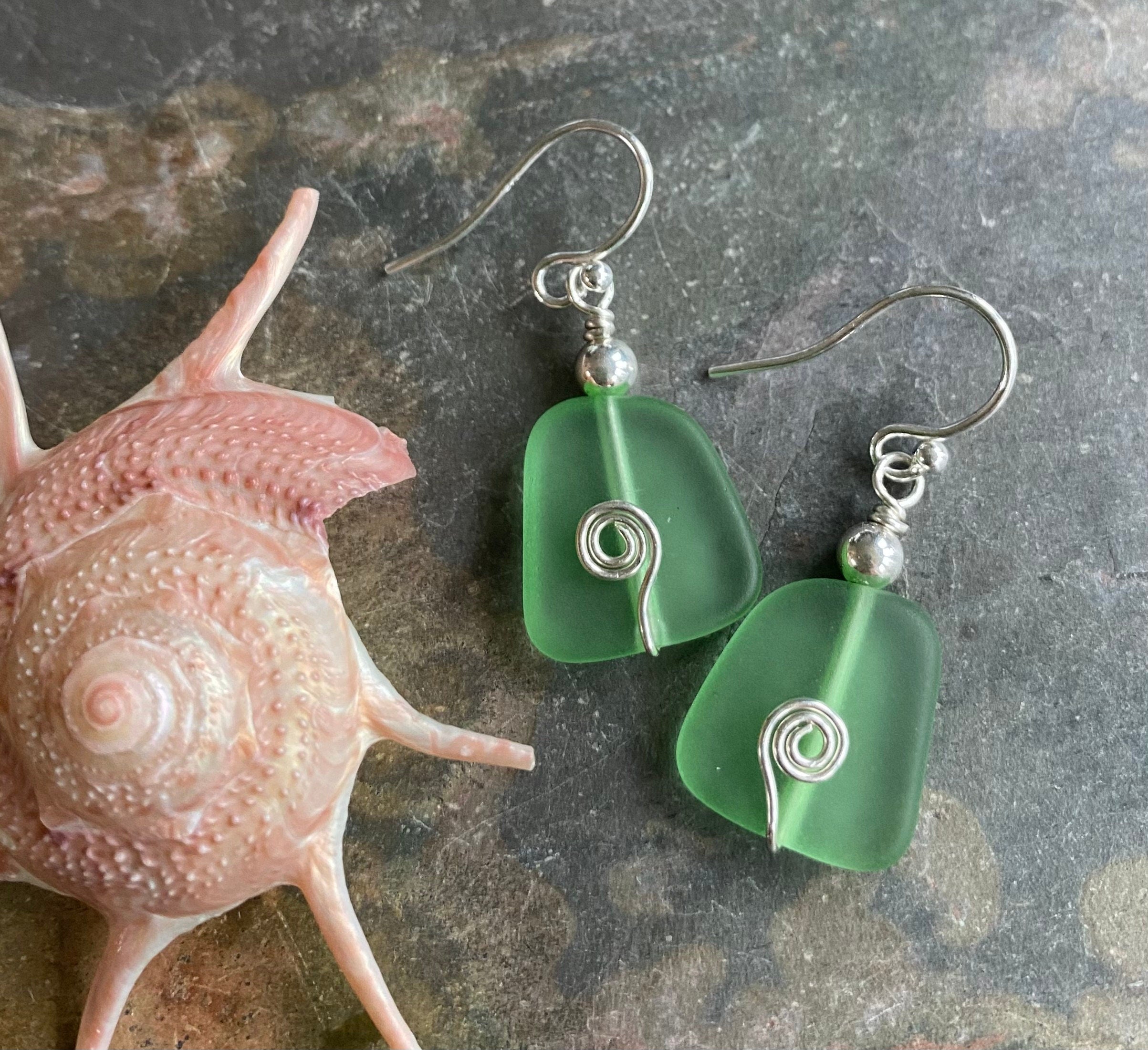 STERLING SILVER Green Sea Glass Earrings, Light Green  Sea Glass Earrings, Beach Weddings, Beach Glass Jewelry, Peridot Sea glass Earrings,