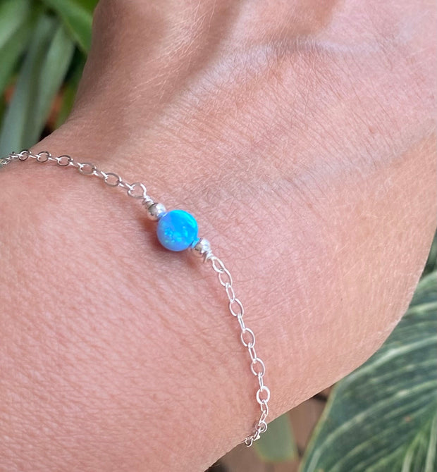 White Opal Bracelet, Minimalist Bracelet, Tiny Opal Bracelet, Blue Opal Bracelet, Opal Bracelet in Sterling Silver, Beaded Opal Bracelet