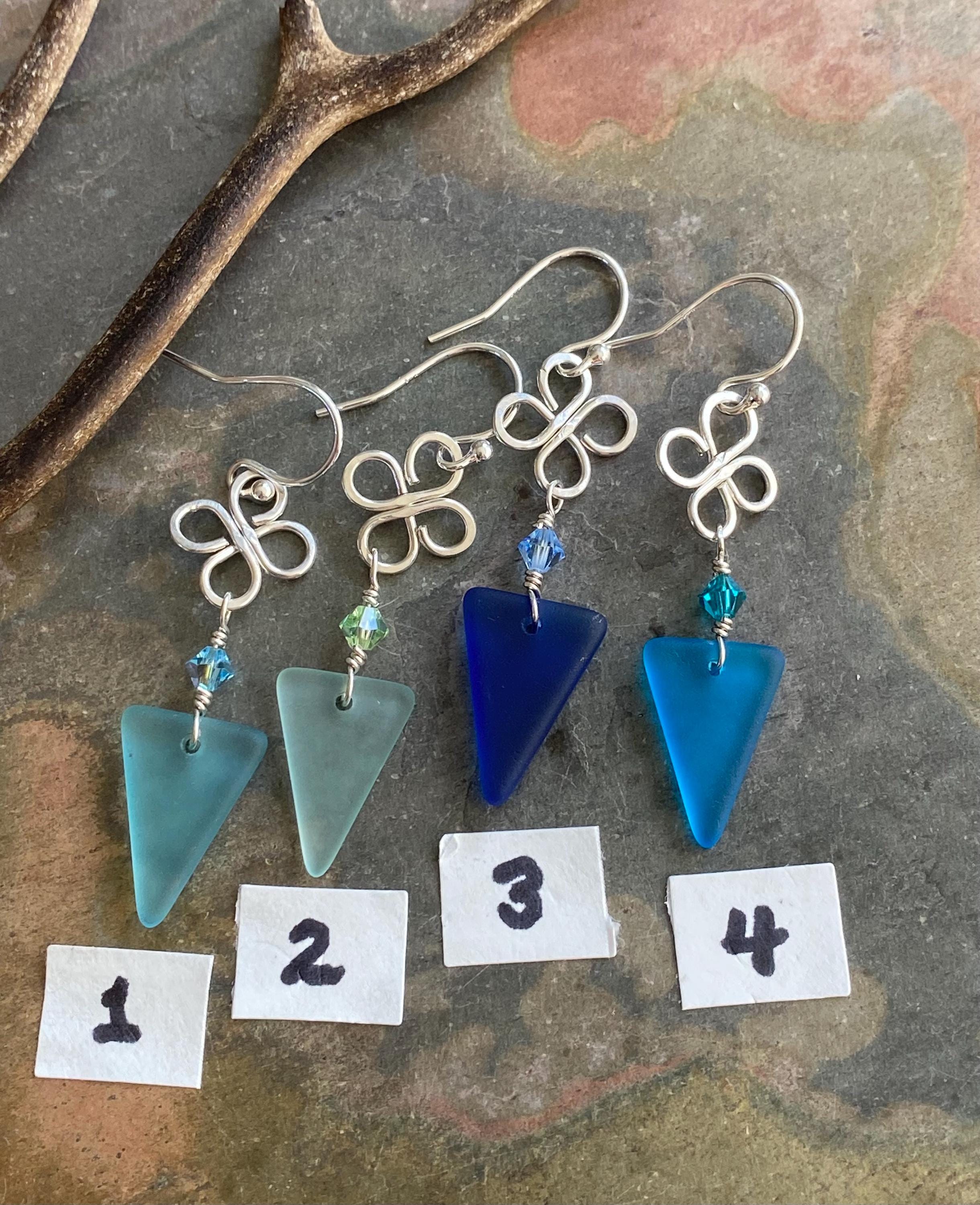 Celtic Inspired Sea Glass Dangling Earrings, Sterling Silver Clover Coastal Style Sea Glass Jewelry, Wired Lucky Charm Sea Glass Earrings