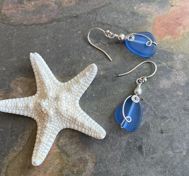 Sea Glass Earrings, Wire Wrapped Light Blue Sea Glass Earrings in STERLING SILVER, Beach Glass Jewelry, Sea glass Dangling Earrings,