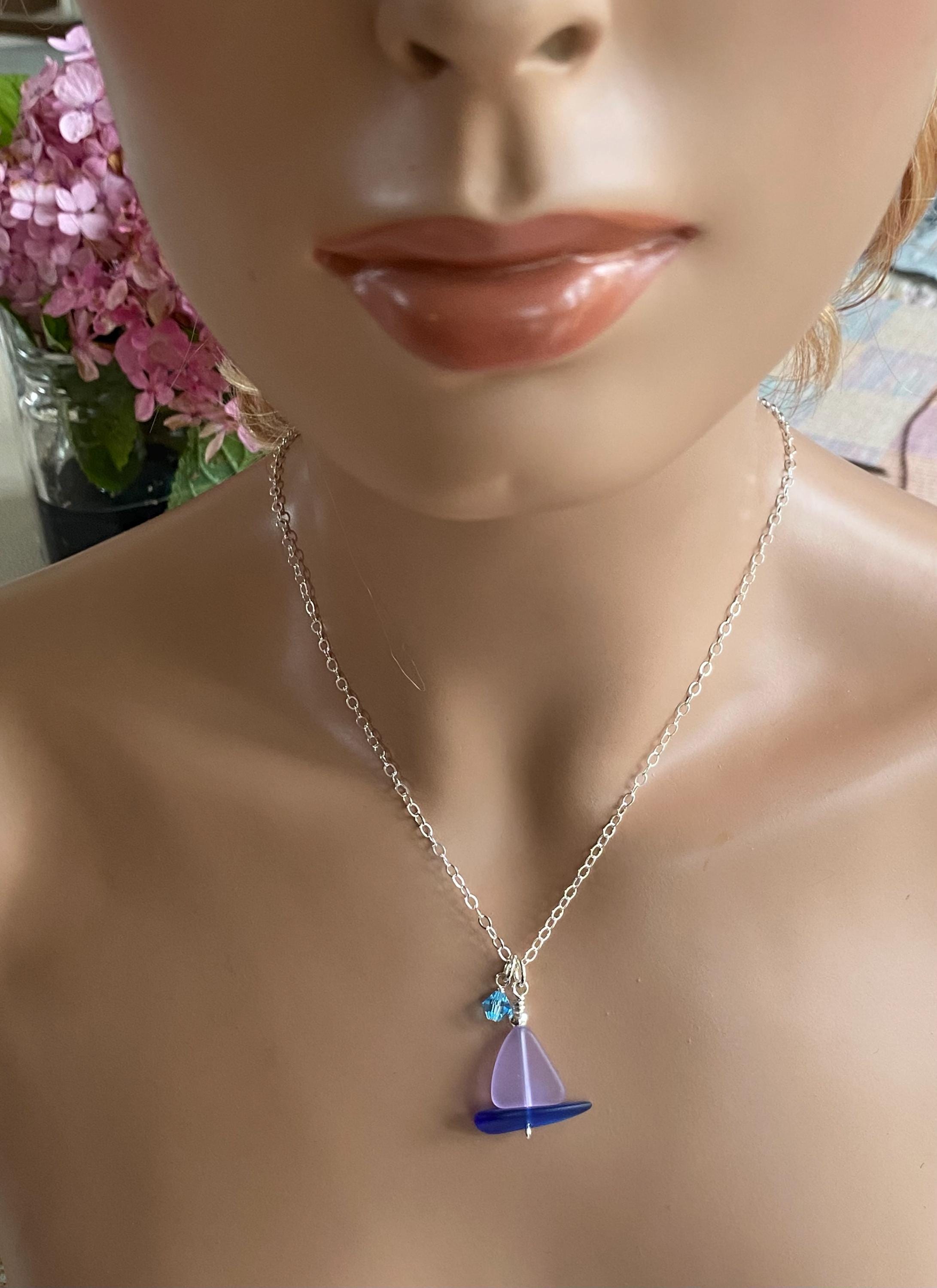 Sailboat Sea Glass Necklace, Periwinkle Sea Glass Pendant, Beach Wedding, Beach glass Necklace in Sterling Silver, Sea Glass Jewelry