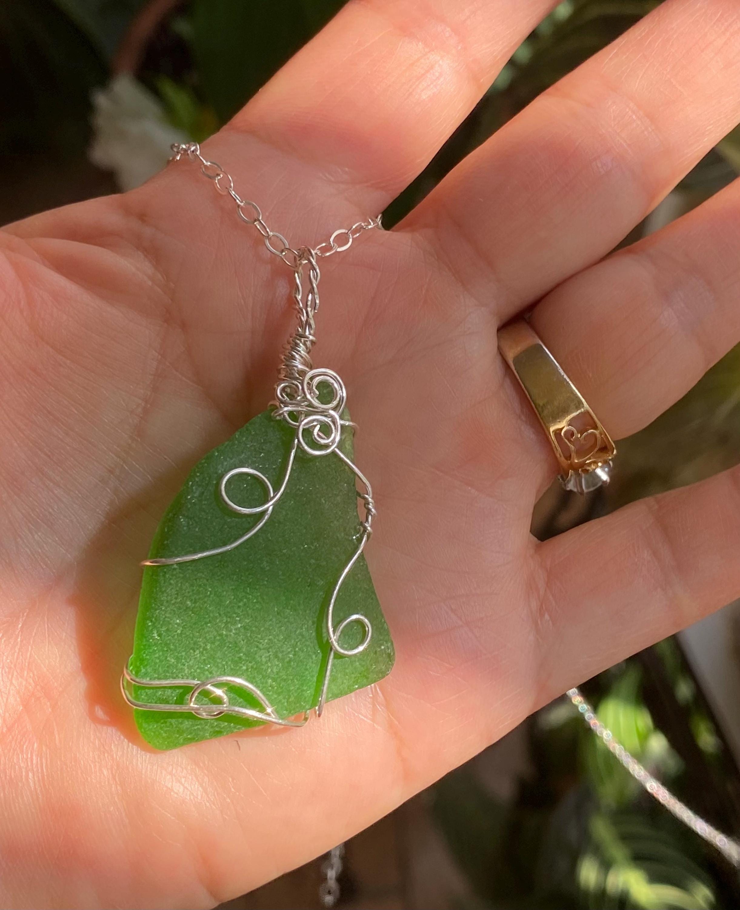 Green Beach Glass Necklace in Sterling Silver, Wire Wrapped Genuine Green Beach Glass Necklace, Sea Glass Jewelry, Ocean Treasure Necklace