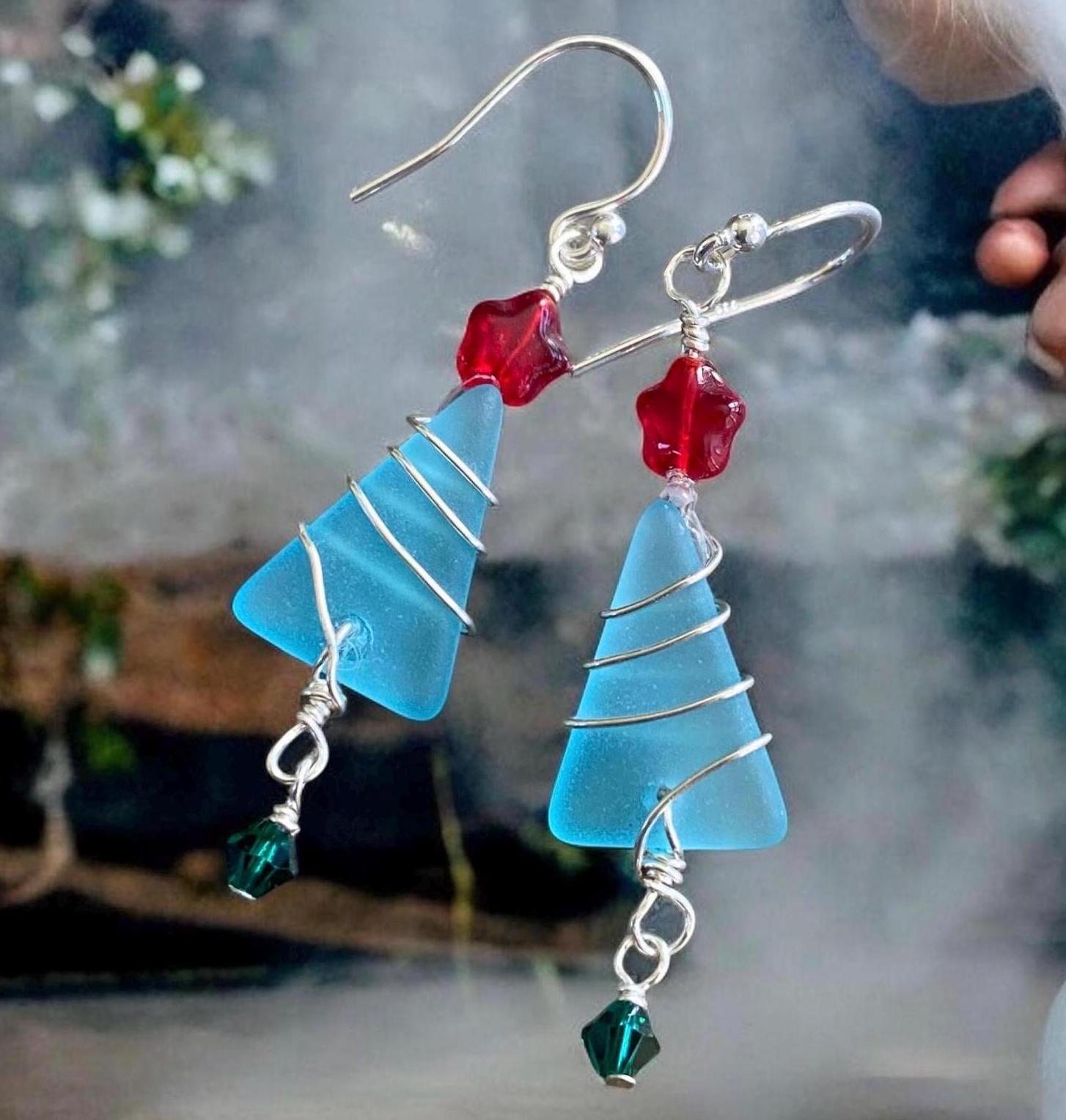 Christmas Tree Earrings, Ready Ship in ONE day, Sea Glass dangling Earrings, Beach Glass Christmas Tree Earrings, Holiday Gifts for Her,
