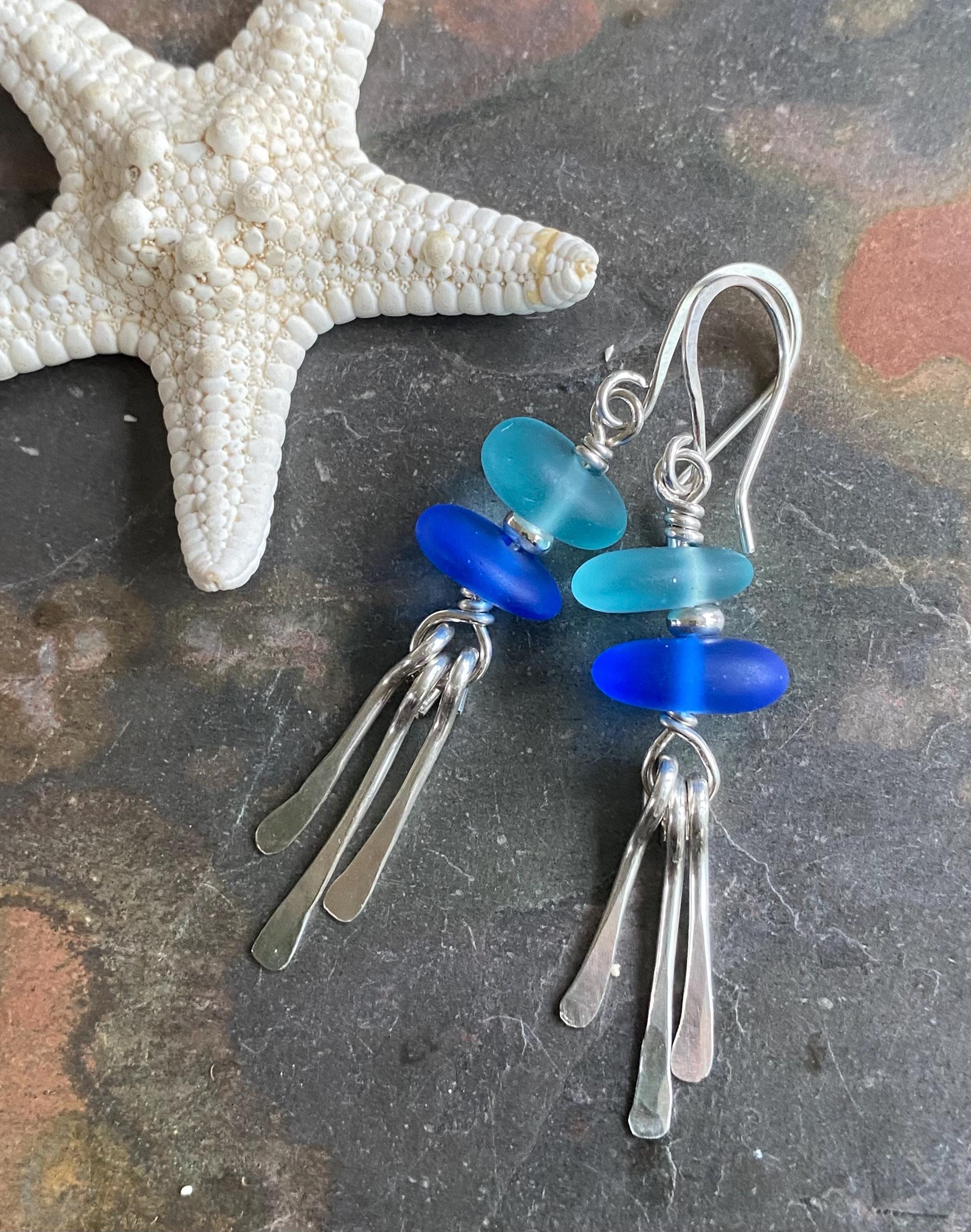 Blue Sea Glass Earrings, Beach Glass Dangling Earrings with Paddle shape Charms, .925 Sterling Silver Earrings, Beach Glass Jewelry for Her