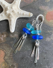 Blue Sea Glass Earrings, Beach Glass Dangling Earrings with Paddle shape Charms, .925 Sterling Silver Earrings, Beach Glass Jewelry for Her