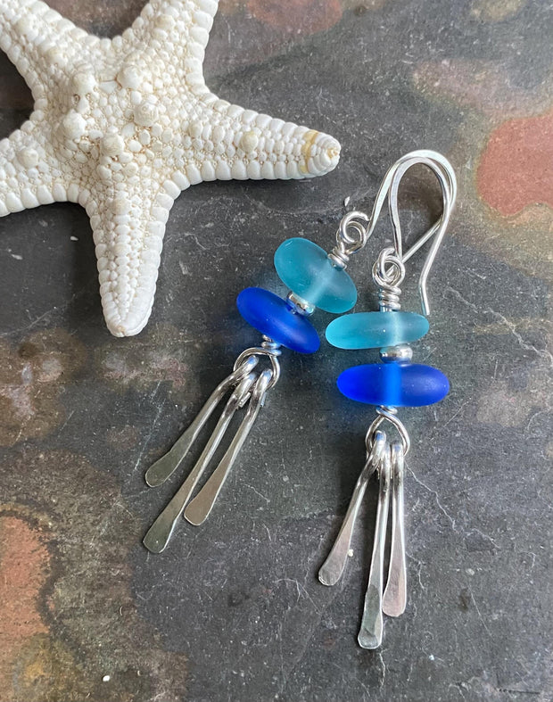 Blue Sea Glass Earrings, Beach Glass Dangling Earrings with Paddle shape Charms, .925 Sterling Silver Earrings, Beach Glass Jewelry for Her