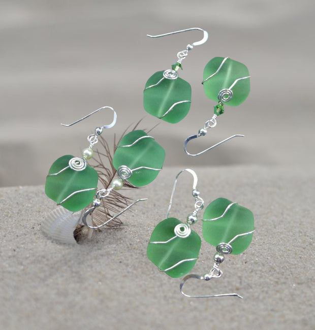 green Sea Glass dangling earrings with sterling silver ,Handmade green sea glass dangle earrings, Green sea glass Beach Wedding jewelry