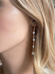 Moonstone Long Elegant Earrings in Gold, Wired Wrapped Opal Dangling Earrings, June Birthstone Earrings, October Birthstone Earrings