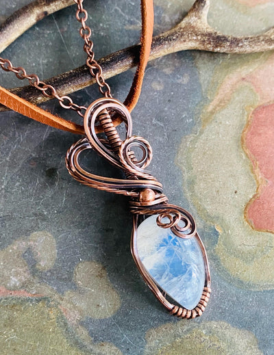 June Birthstone Pendant Necklace, Rainbow Moonstone Necklace,Wire Wrapped Moonstone Jewelry, Antiqued Copper Blue flashMoonstone Jewelry,