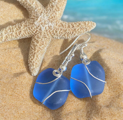 Sterling Silver Blue Sea Glass Earrings,Sky Blue Sea Glass Earrings, Blue Sea Glass Earrings, Beach Jewelry,  Blue  Glass Dangling  Earrings