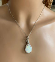 White Opal Necklace, STERLING SILVER October Opal Birthstone Necklace,Wire Wrapped Opal Necklace ,Lab Created White Opal Necklace,