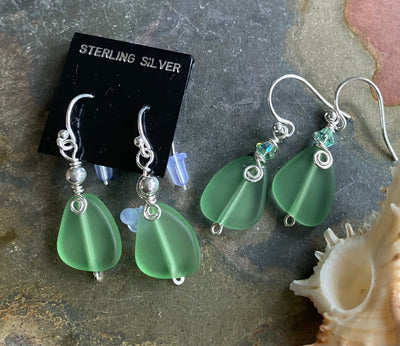 Green SeaGlass Earrings in Sterling Silver, Light Green Sea Glass Earrings, Beach Weddings, Beach Glass Jewelry, Peridot Sea glass Earrings