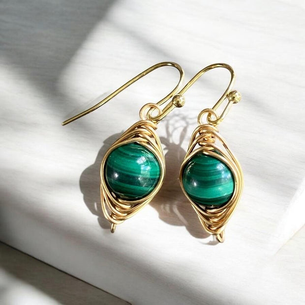 May Birthstone Malachite Earrings in Gold, Hand Wire Wrapped Malachite Dangling Earrings in Natural Copper, Green Malachite Gold Jewelry,