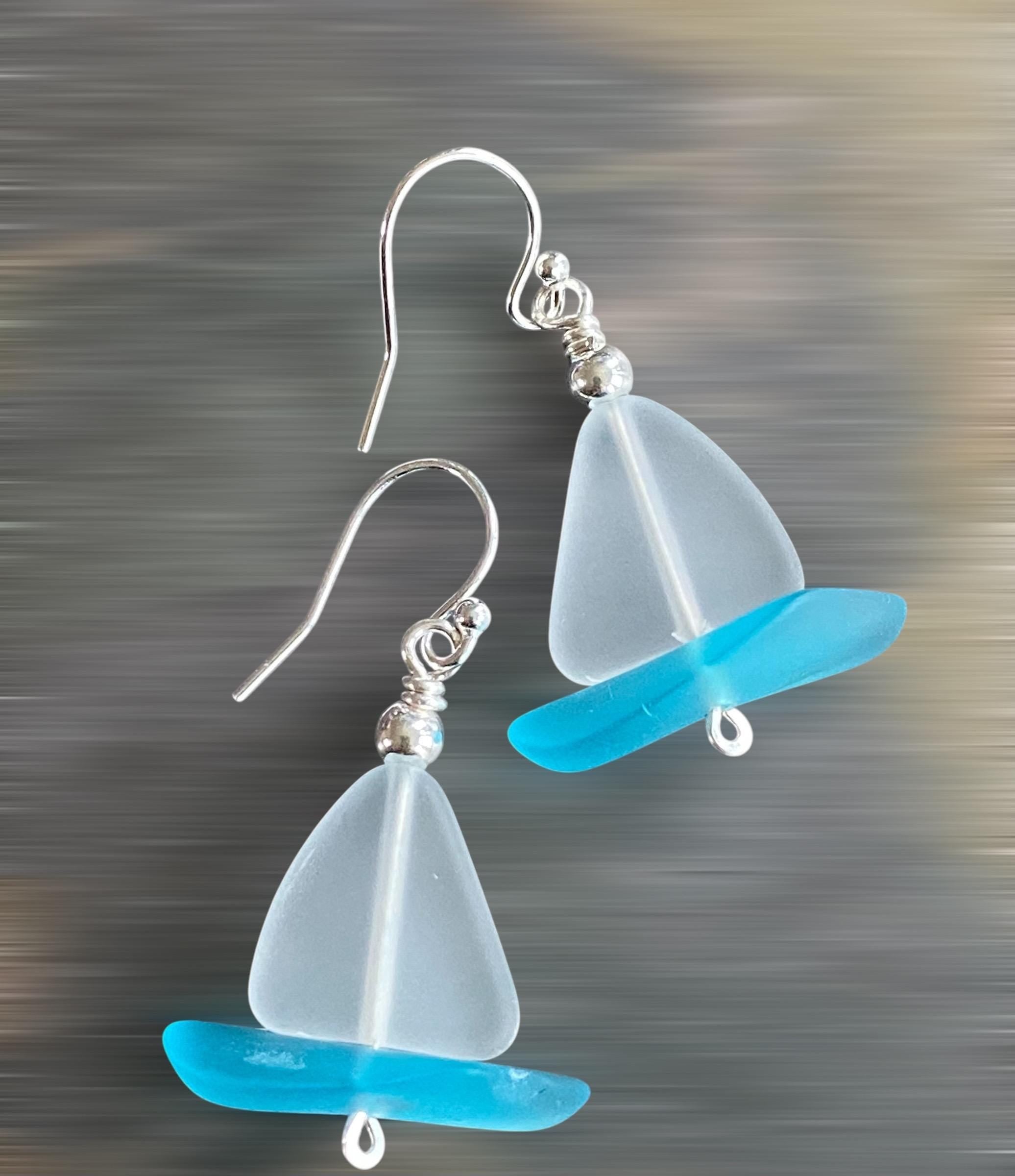 Nautical White Sea Glass Sailboat Necklace & Earring SET in Sterling Silver, Ocean-Inspired Beach Glass Sailboat Necklace and Earring SET,
