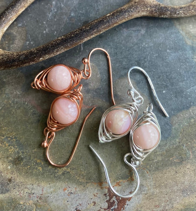 Pink Peruvian Opal Earrings in Sterling Silver/Copper wires, Wire Wrapped Pink Opal Dangling Earrings, Opal Earrings for October Birthday