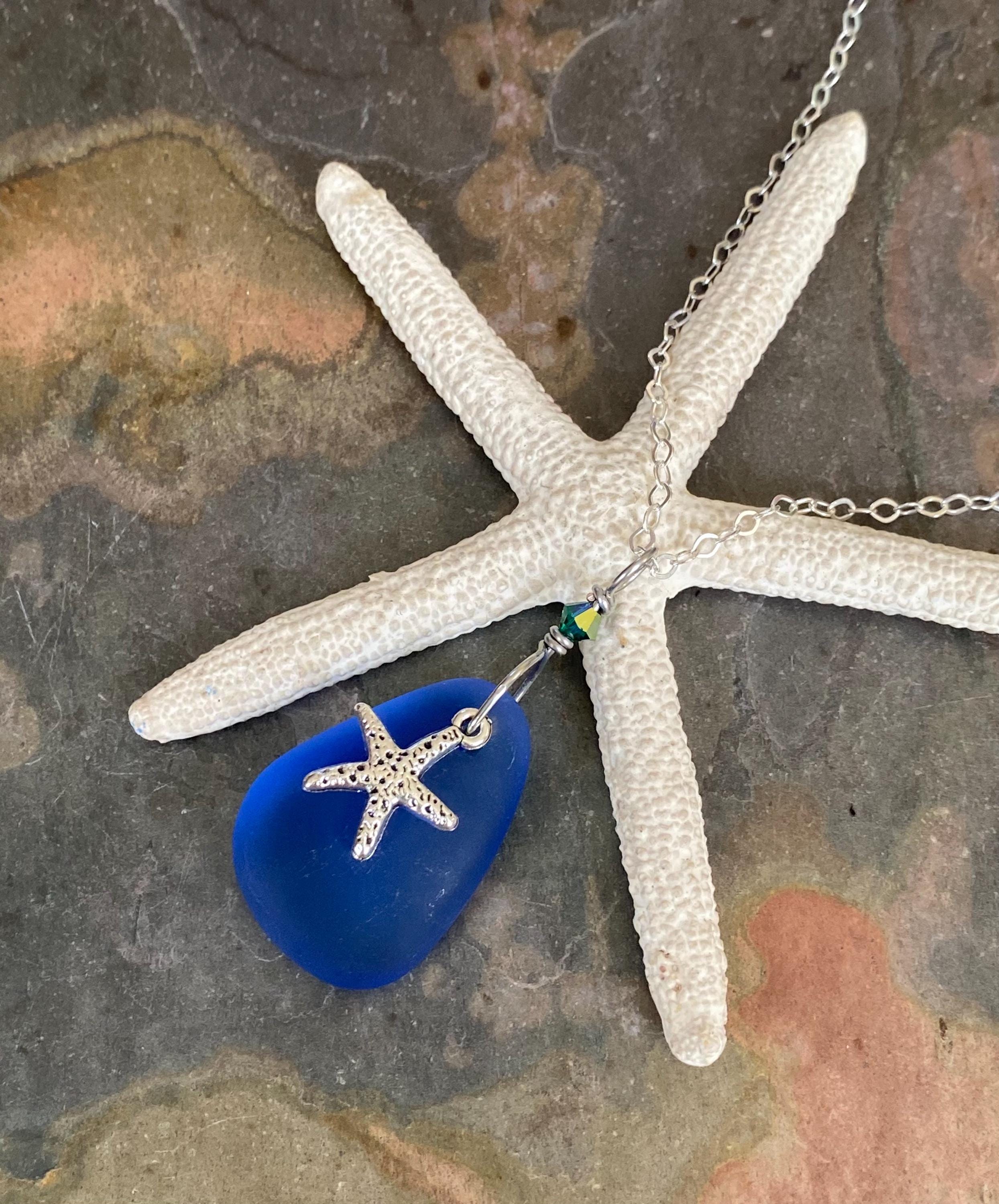 Beach Glass Necklace Starfish Charm in .925 Sterling Silver, Blue Sea Glass Necklace, Starfish Necklace, Wire Wrapped Blue Sea Glass Pendant