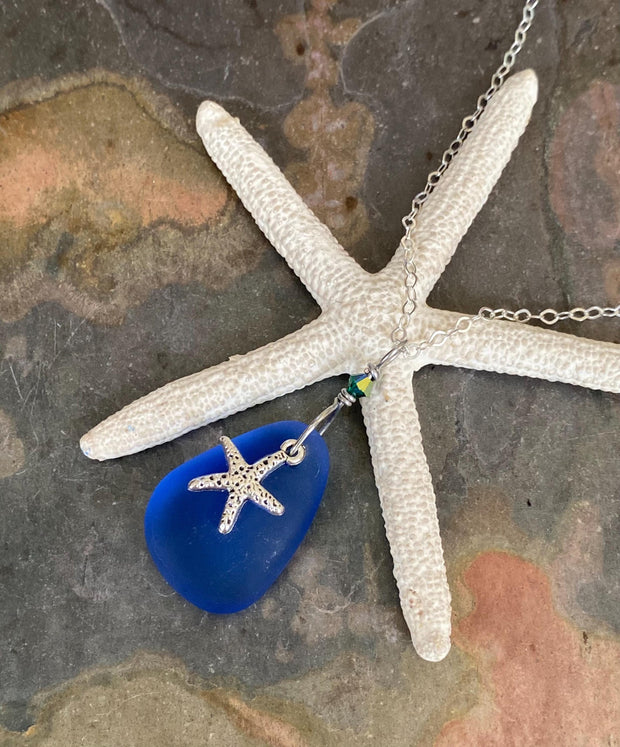 Beach Glass Necklace Starfish Charm in .925 Sterling Silver, Blue Sea Glass Necklace, Starfish Necklace, Wire Wrapped Blue Sea Glass Pendant