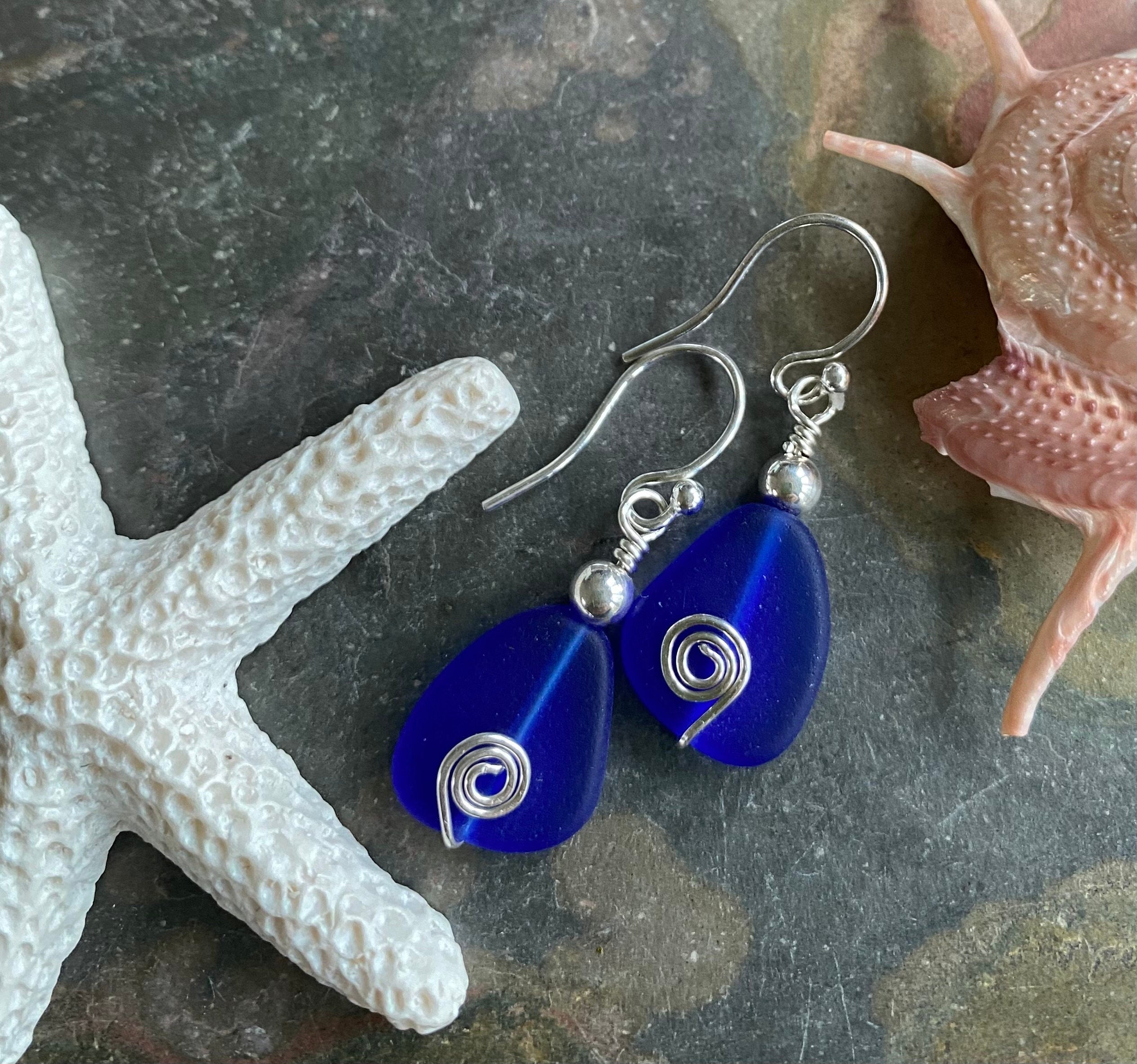 Blue Sea Glass Earrings, Cobalt Blue Sea Glass Earrings in STERLING SILVER, Beach Weddings, Beach Glass Jewelry, Cobalt Sea glass Earrings,