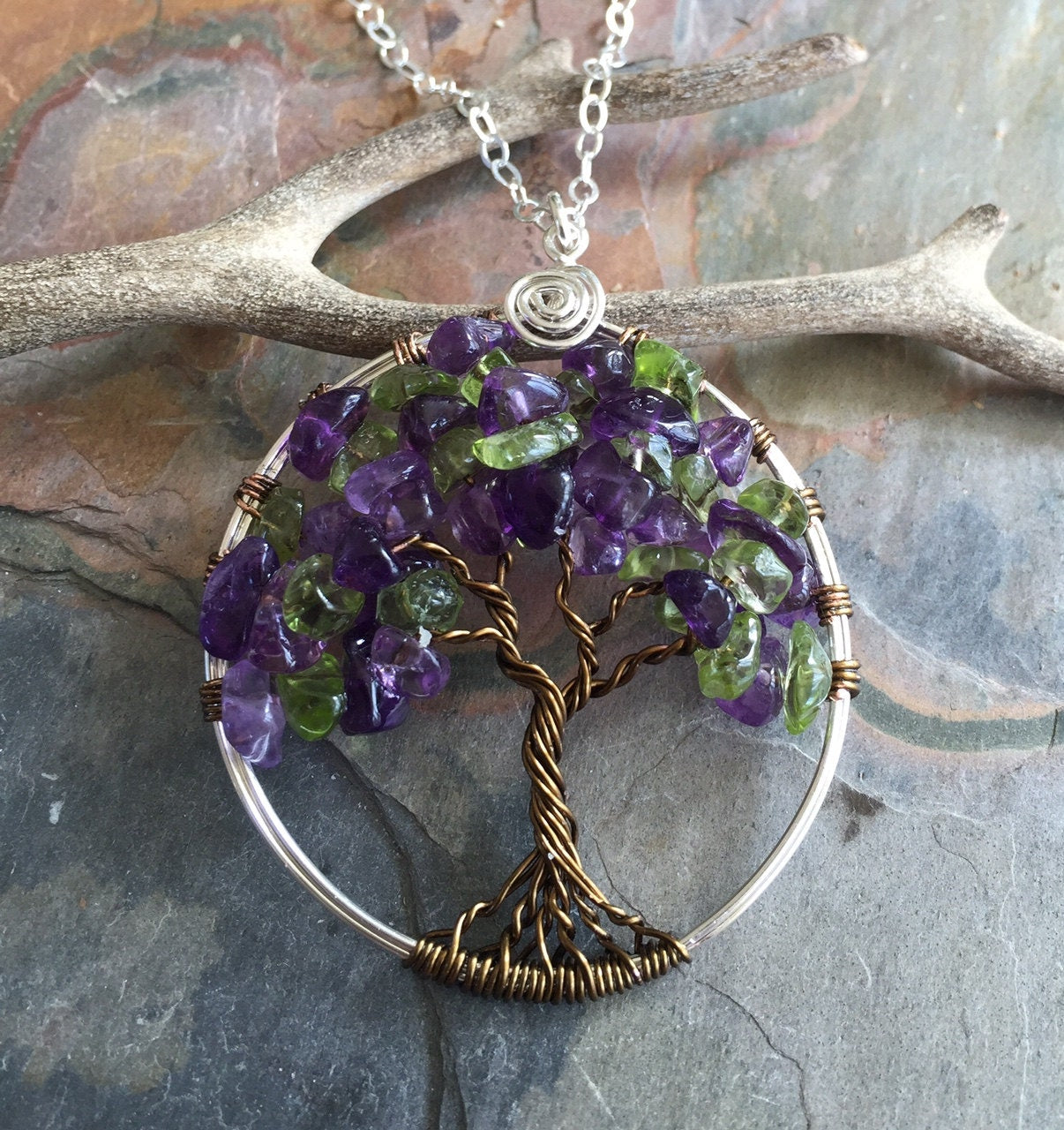 Mother's Day Gift, Ready Ship in ship in 1 to 2 days,Amethyst/Peridot Tree of Life, February/Peridot Family Birthstone Tree of life Pendant