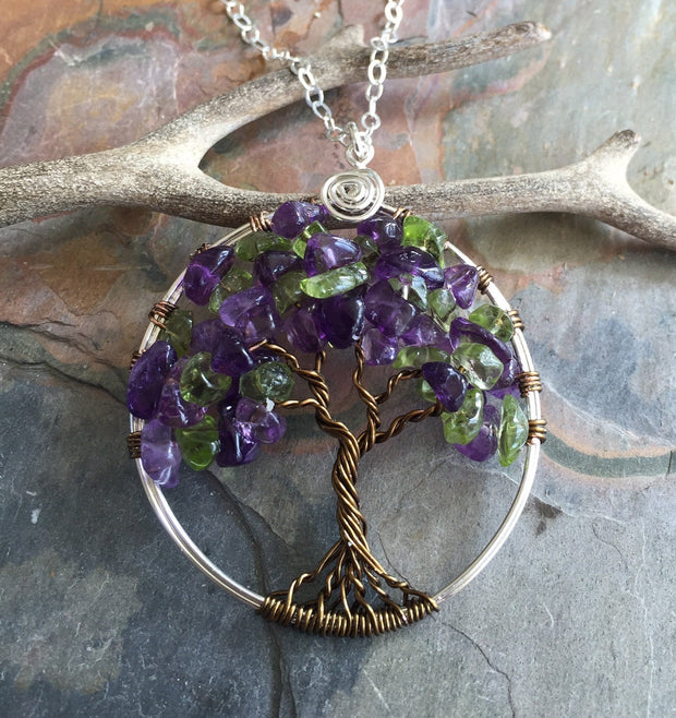 Mother's Day Gift, Ready Ship in ship in 1 to 2 days,Amethyst/Peridot Tree of Life, February/Peridot Family Birthstone Tree of life Pendant
