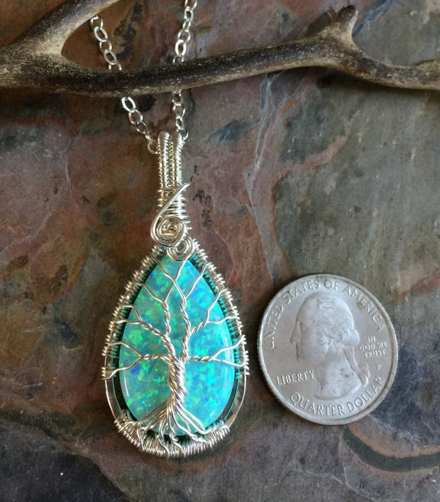 Aqua Blue Opal Necklace, Wire Wrapped Opal Tree of Life Necklace,