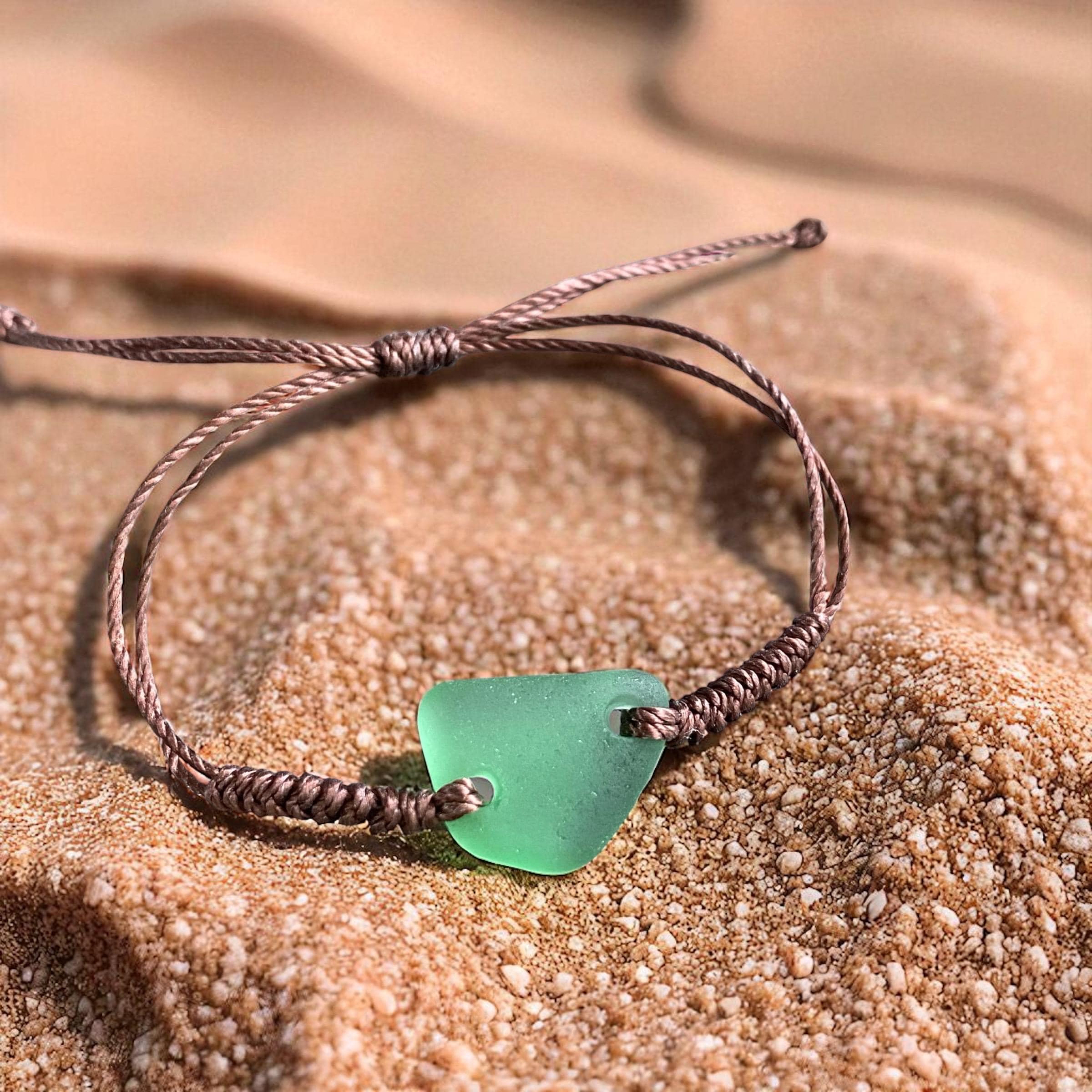 Handmade Macrame Sea Glass Bracelet, Hunter Green Sea Glass Bracelet, Adjustable Sea Glass Macrame Bracelets, Surfer's Sea Glass Bracelet