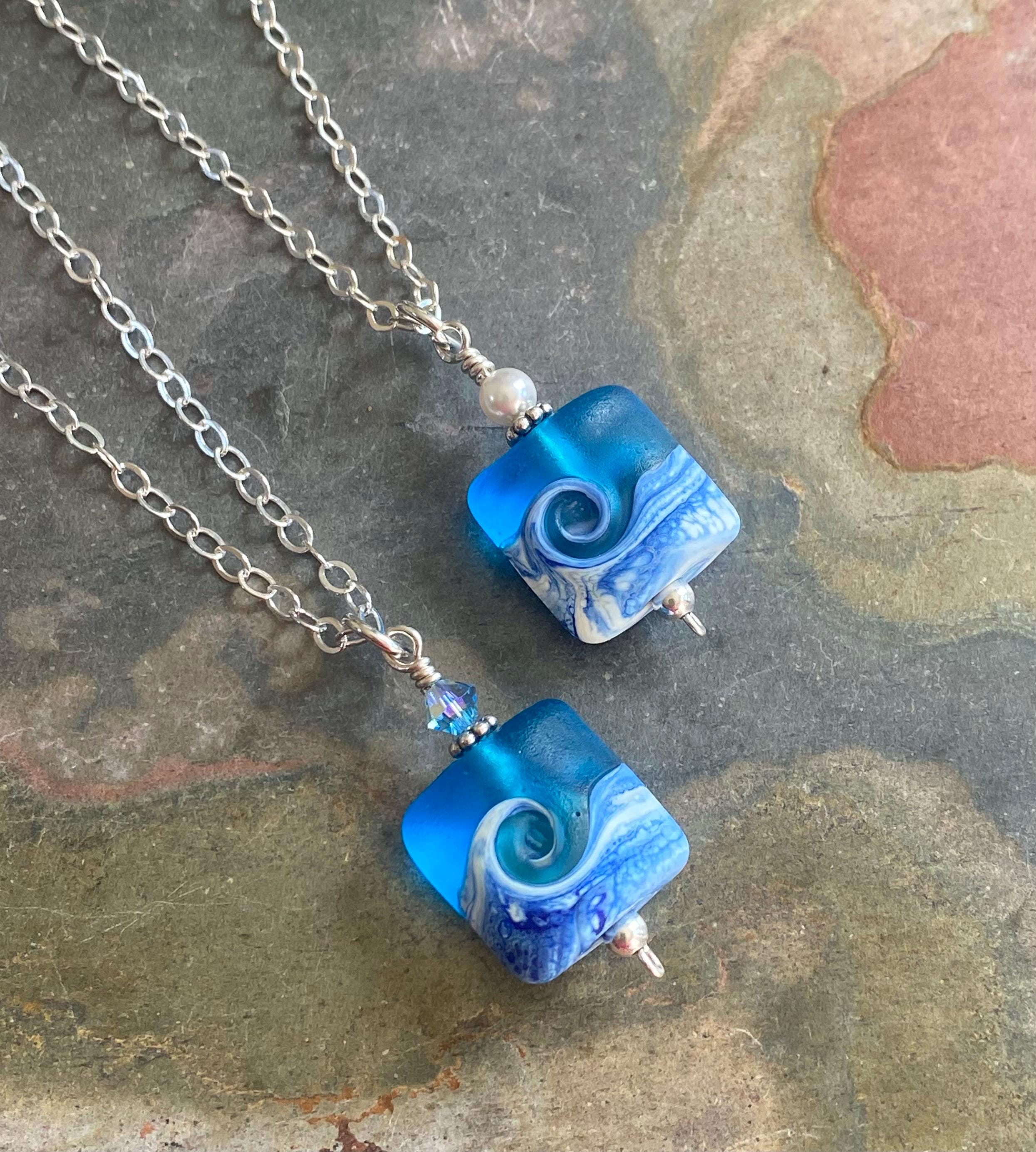 Ocean Beach Wave Necklace, Blue Beach Wave Necklace,Ocean Wave Lampwork Pendant, Beach Wave Jewelry, Blue Sea Glass Necklace sterling silver