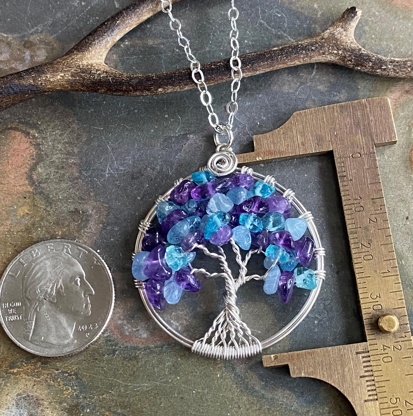 Birthstone Tree of Life necklace with amethyst and aquamarine, Amethyst and Aquamarine Tree of Life, Customizable Tree of Life necklace
